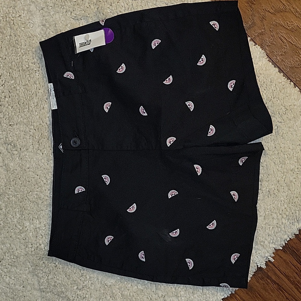 St. John's Bay 5" shorts black embroidered watermelons red green stretch 10 NEW…